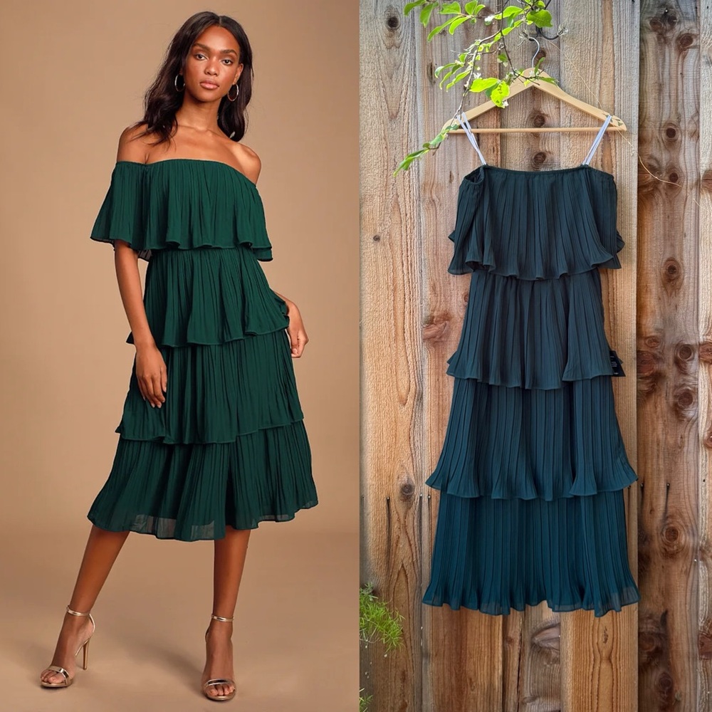 Forest Green Off-the-Shoulder Ruffle Pleated Tiered Midi Dress 🌿